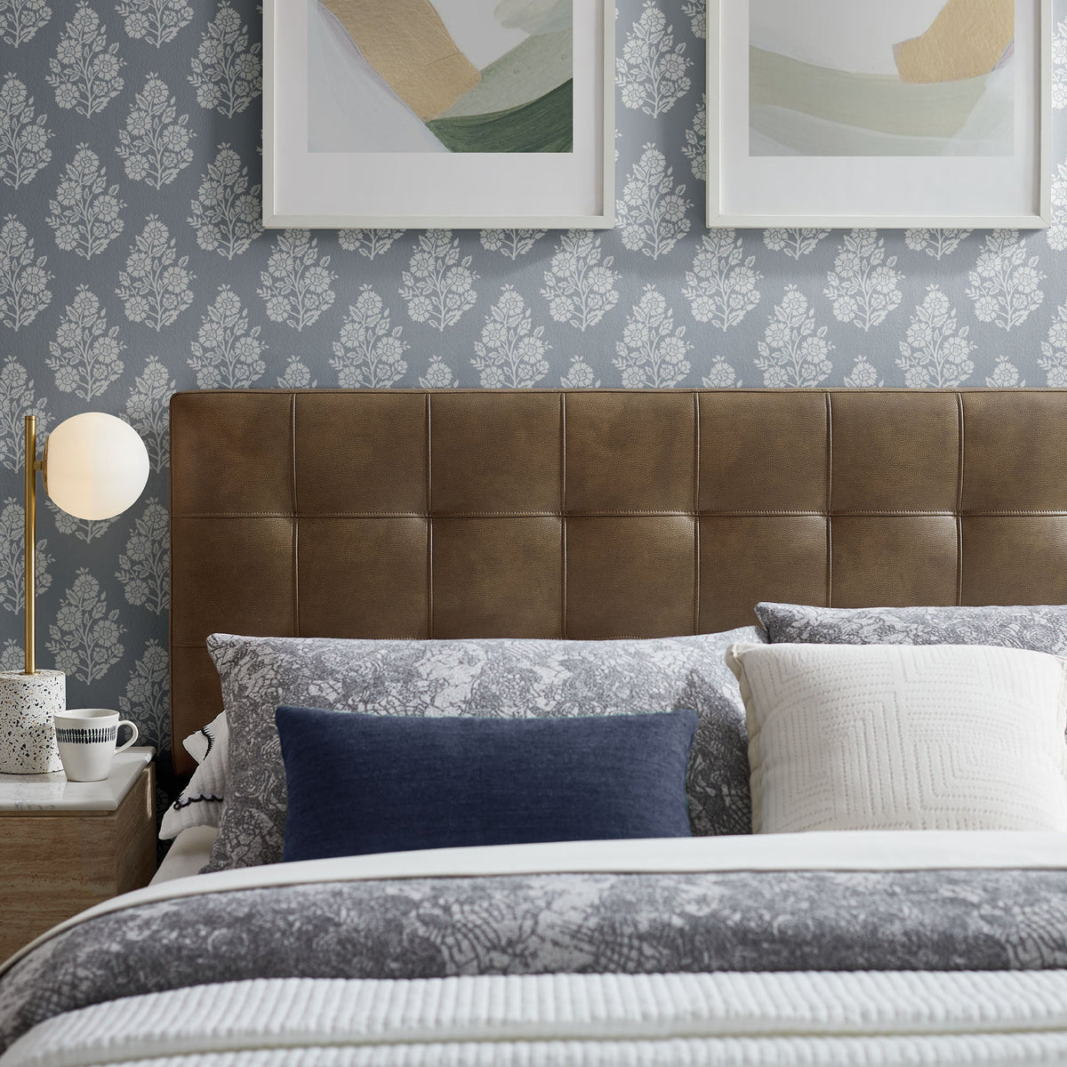 Lily vegan leather headboard by Modway in dark brown tufted panels against floral wallpaper on Tampa Home & Garden Store