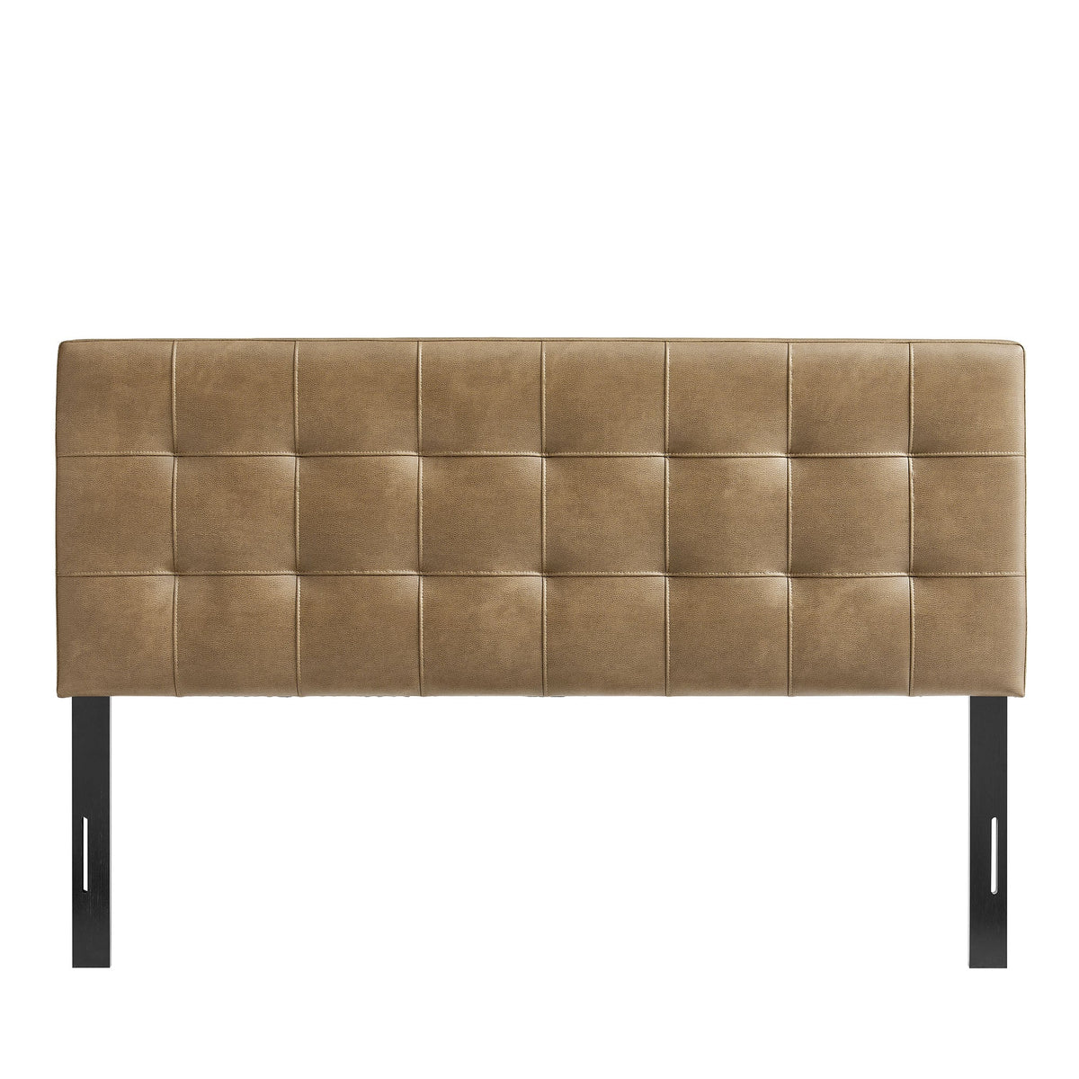 Lily vegan leather headboard in tan brown with grid tufted panels and black metal legs on Tampa Home & Garden Store