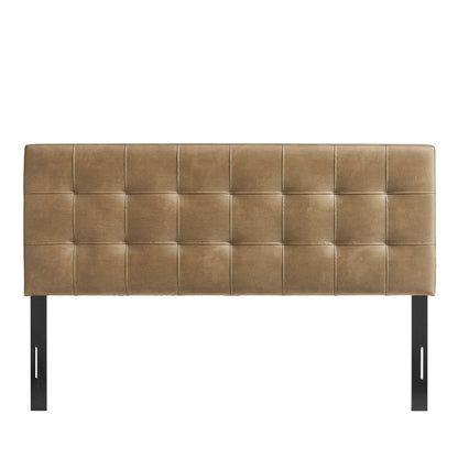 Lily vegan leather headboard in tan brown with grid tufted panels and black metal legs on Tampa Home & Garden Store
