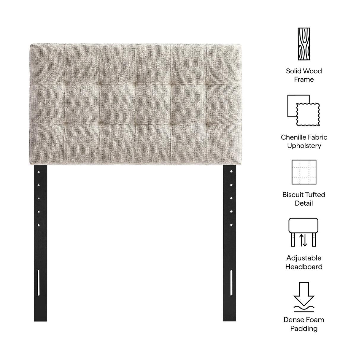 Lily upholstered headboard beige chenille fabric with biscuit tufting and solid wood frame on Tampa Home & Garden Store