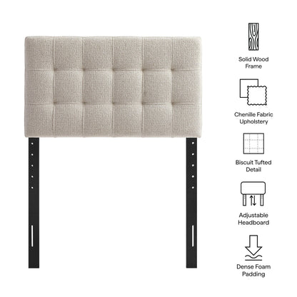 Lily upholstered headboard beige chenille fabric with biscuit tufting and solid wood frame on Tampa Home & Garden Store