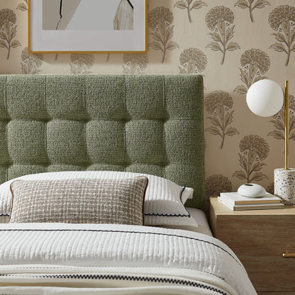 Lily Upholstered Headboard in moss-green fabric with white bedding and gold accents on Tampa Home & Garden Store