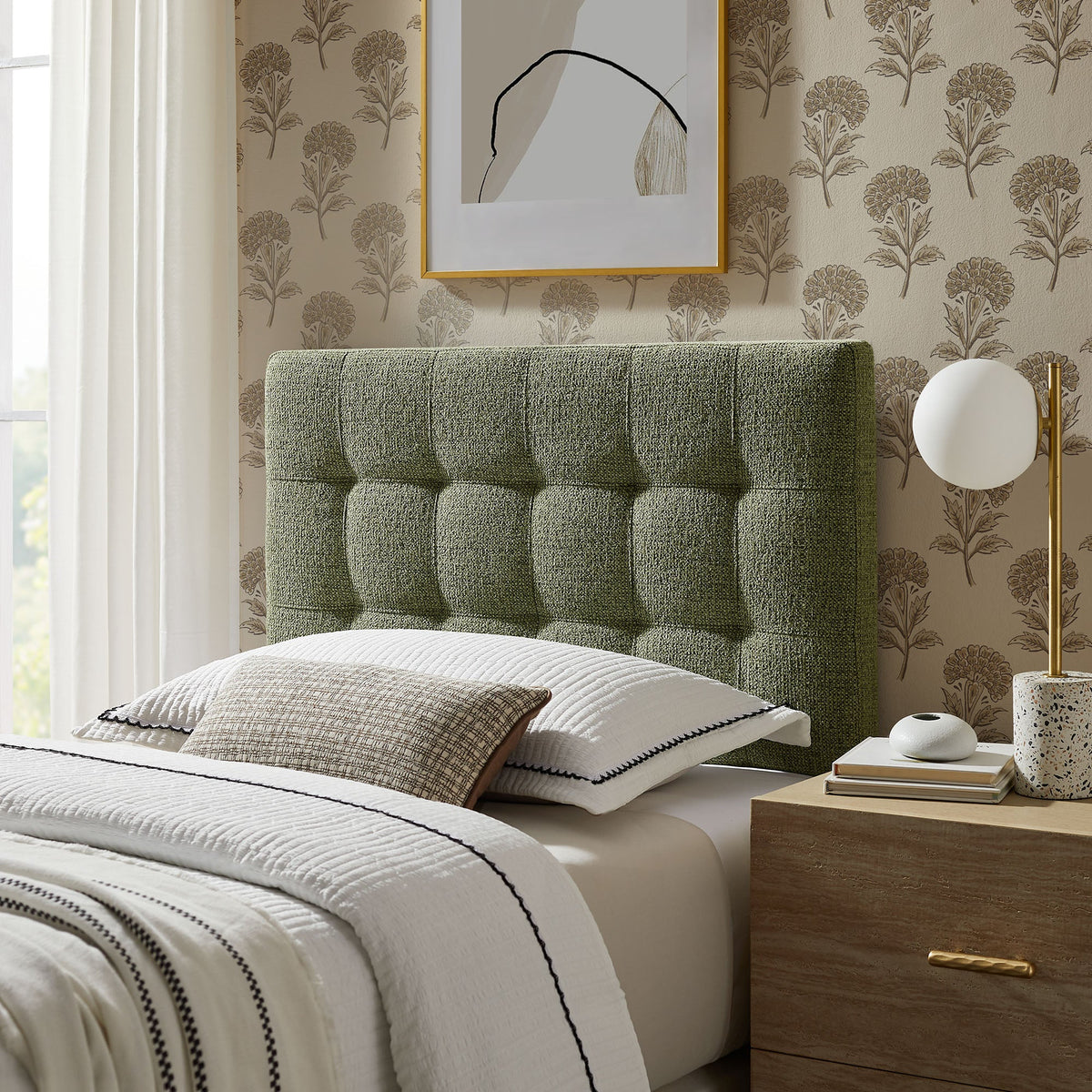 Lily Upholstered Headboard by Modway in green textured fabric with channel-tufting on Tampa Home & Garden Store