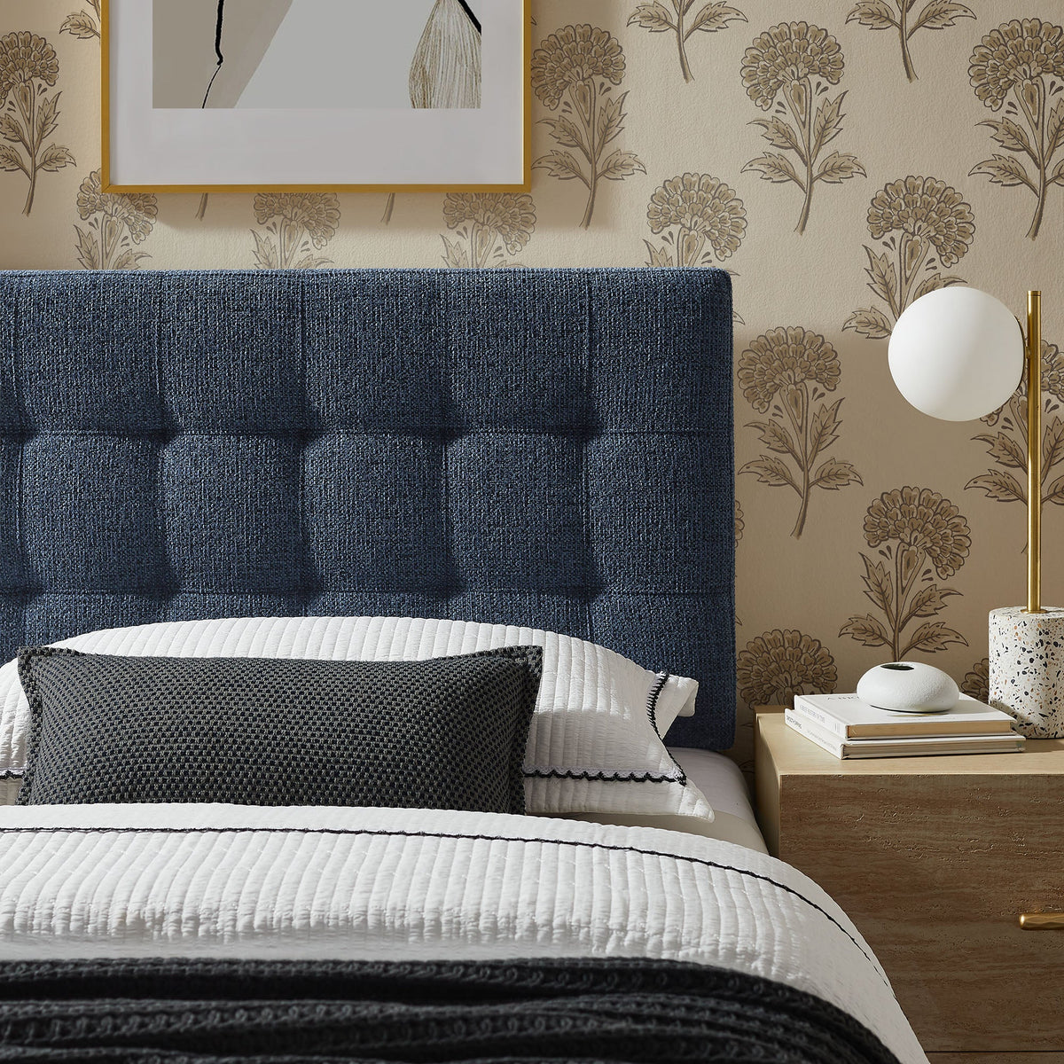 Lily Upholstered Headboard by Modway, navy textured fabric with clean silhouette on Tampa Home & Garden Store
