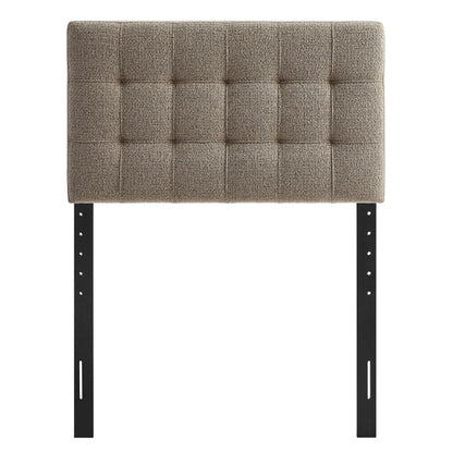 Lily Upholstered Headboard by HouseOfZazla, taupe fabric with panels and black legs on Tampa Home & Garden Store