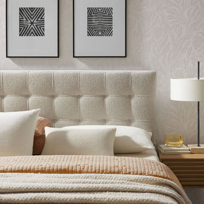 Lily Upholstered Headboard by Modway in beige tufted fabric, modern room with framed art prints on Tampa Home & Garden Store