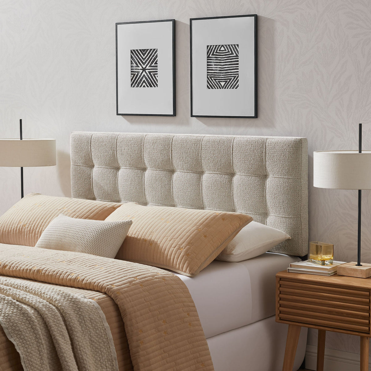 Lily Upholstered Headboard beige tufted fabric with square panels by Modway on Tampa Home & Garden Store