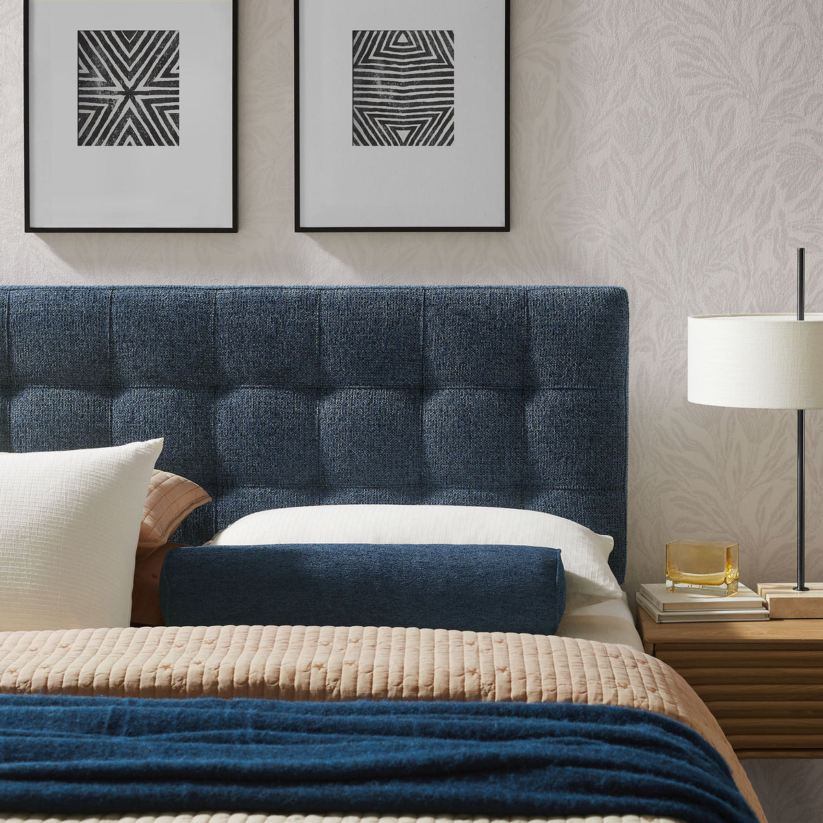 Lily Upholstered Headboard navy blue fabric, soft textured, modern design on Tampa Home & Garden Store
