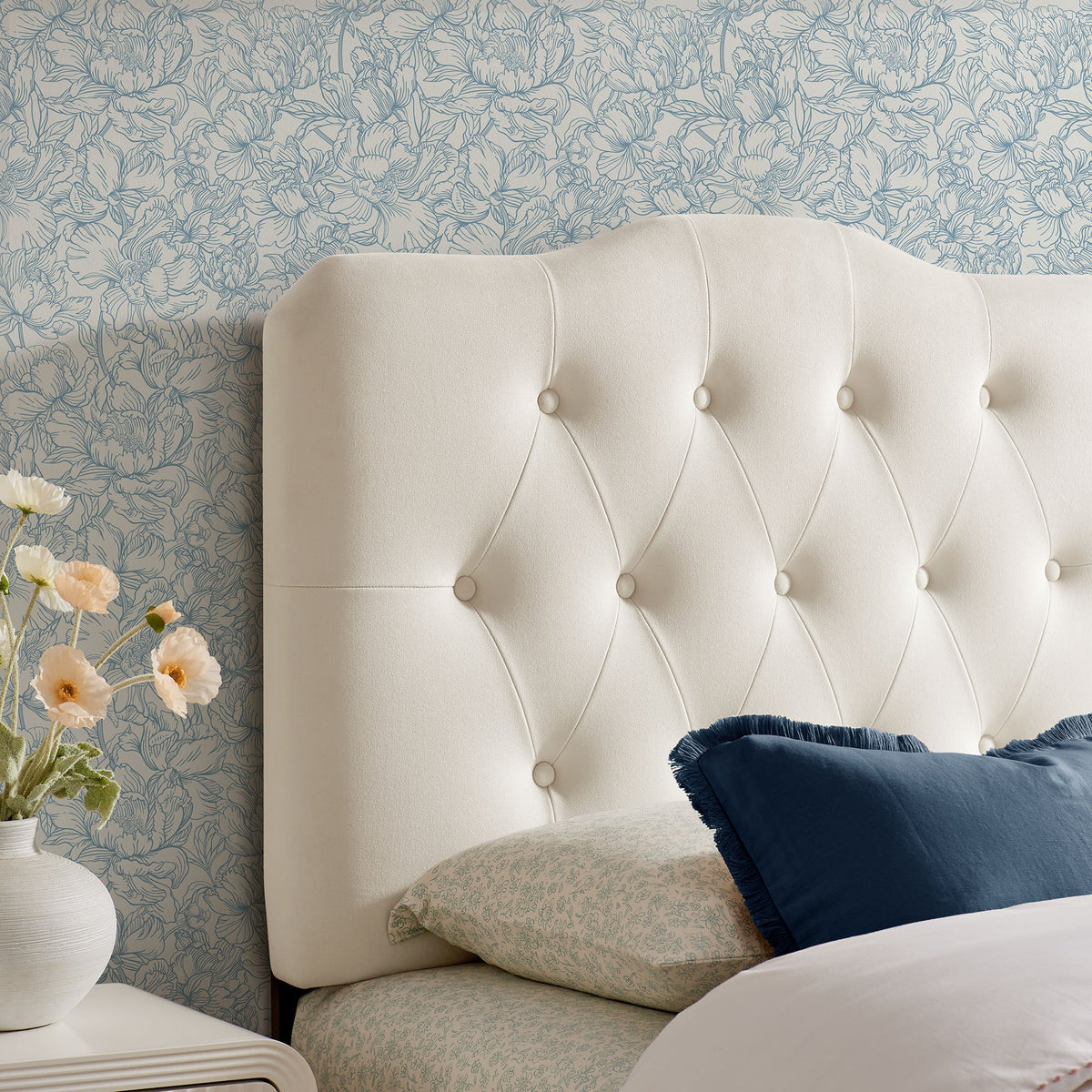 Annabel Stain-Resistant Velvet Headboard cream, tufted with buttons HouseOfZazla on Tampa Home & Garden Store