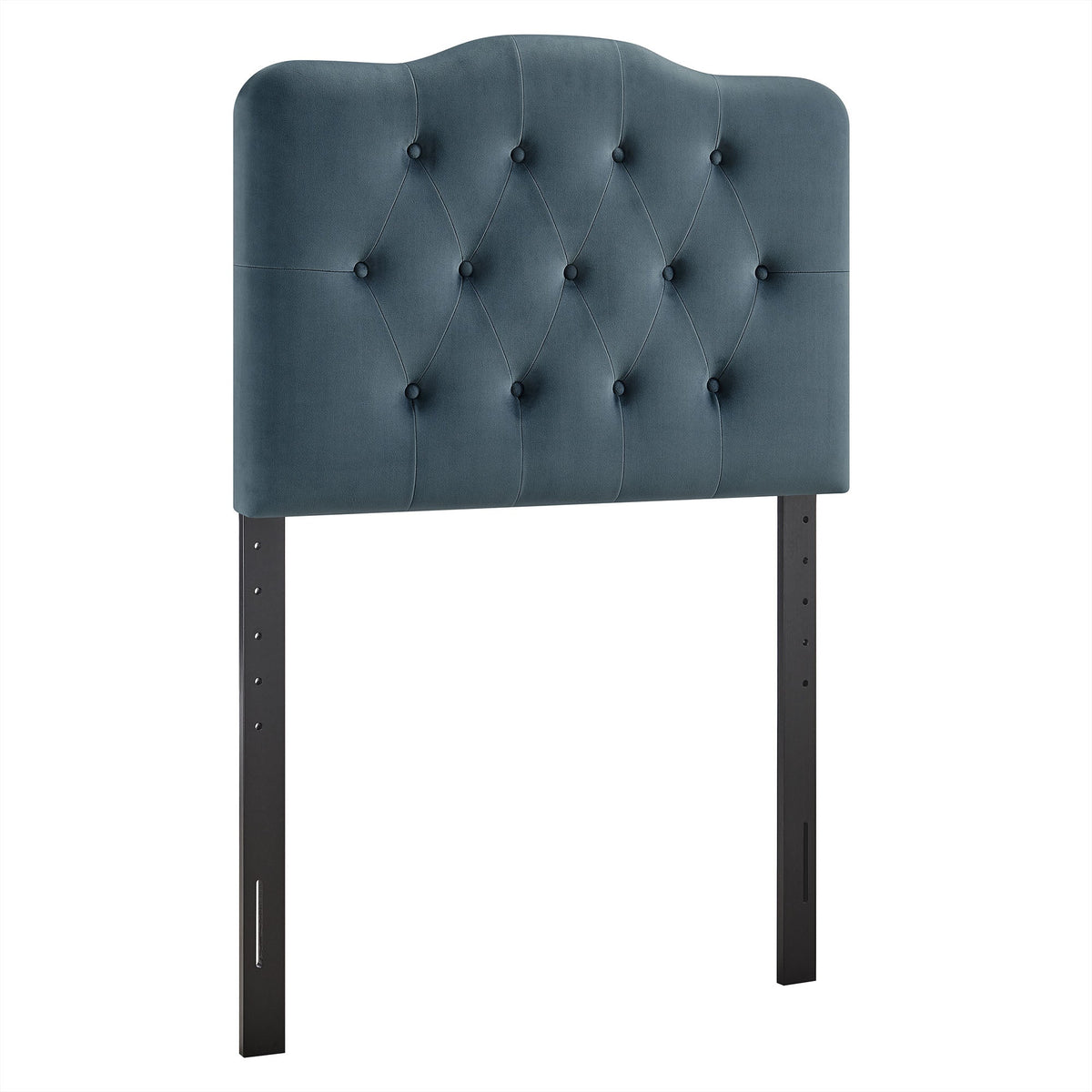 Annabel stain-resistant velvet headboard in blue with diamond tufting on metal legs on Tampa Home & Garden Store