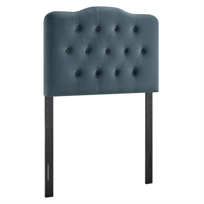 Annabel stain-resistant velvet headboard in blue with diamond tufting on metal legs on Tampa Home & Garden Store