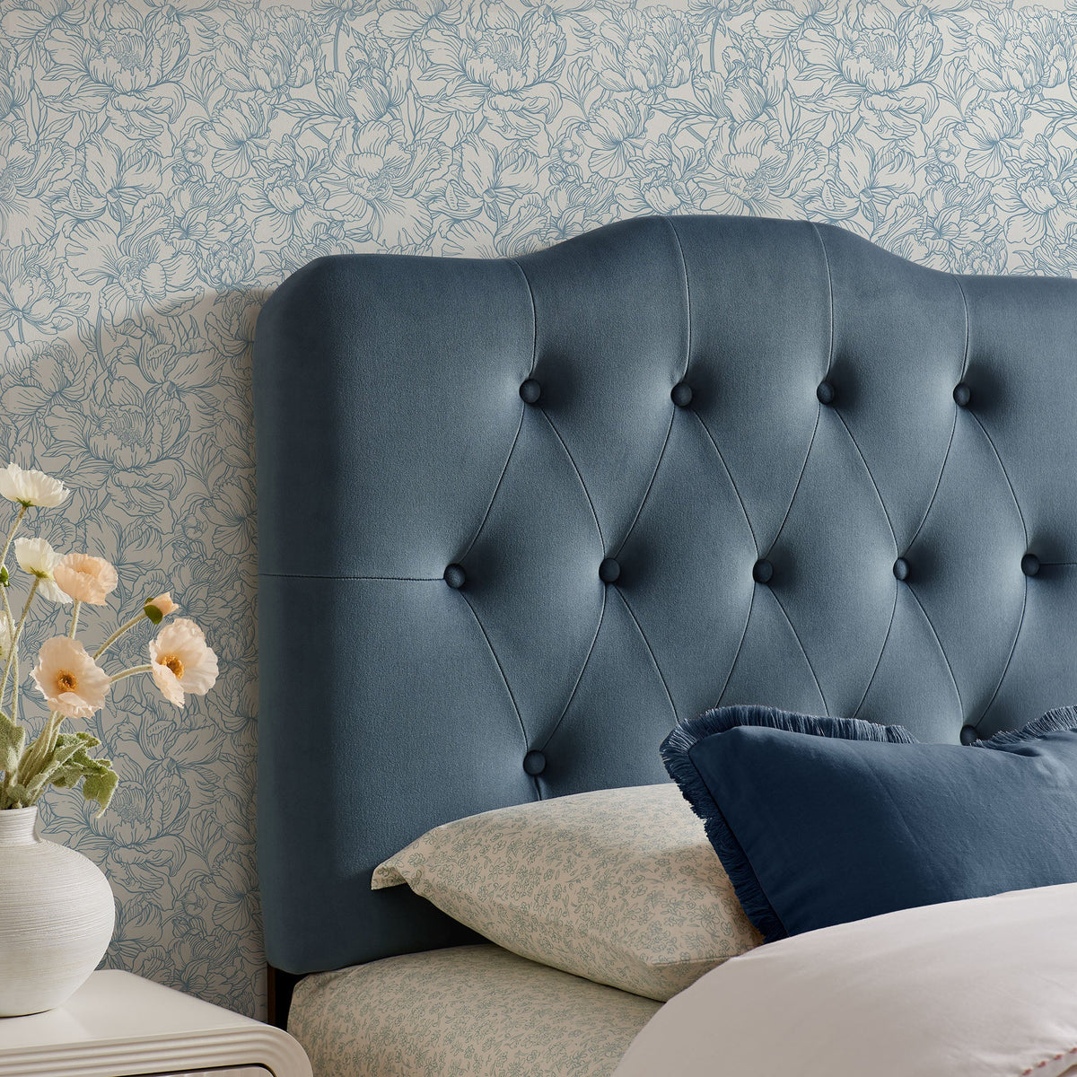 Annabel Stain-Resistant Performance Velvet Headboard, deep blue tufted with button accents on Tampa Home & Garden Store