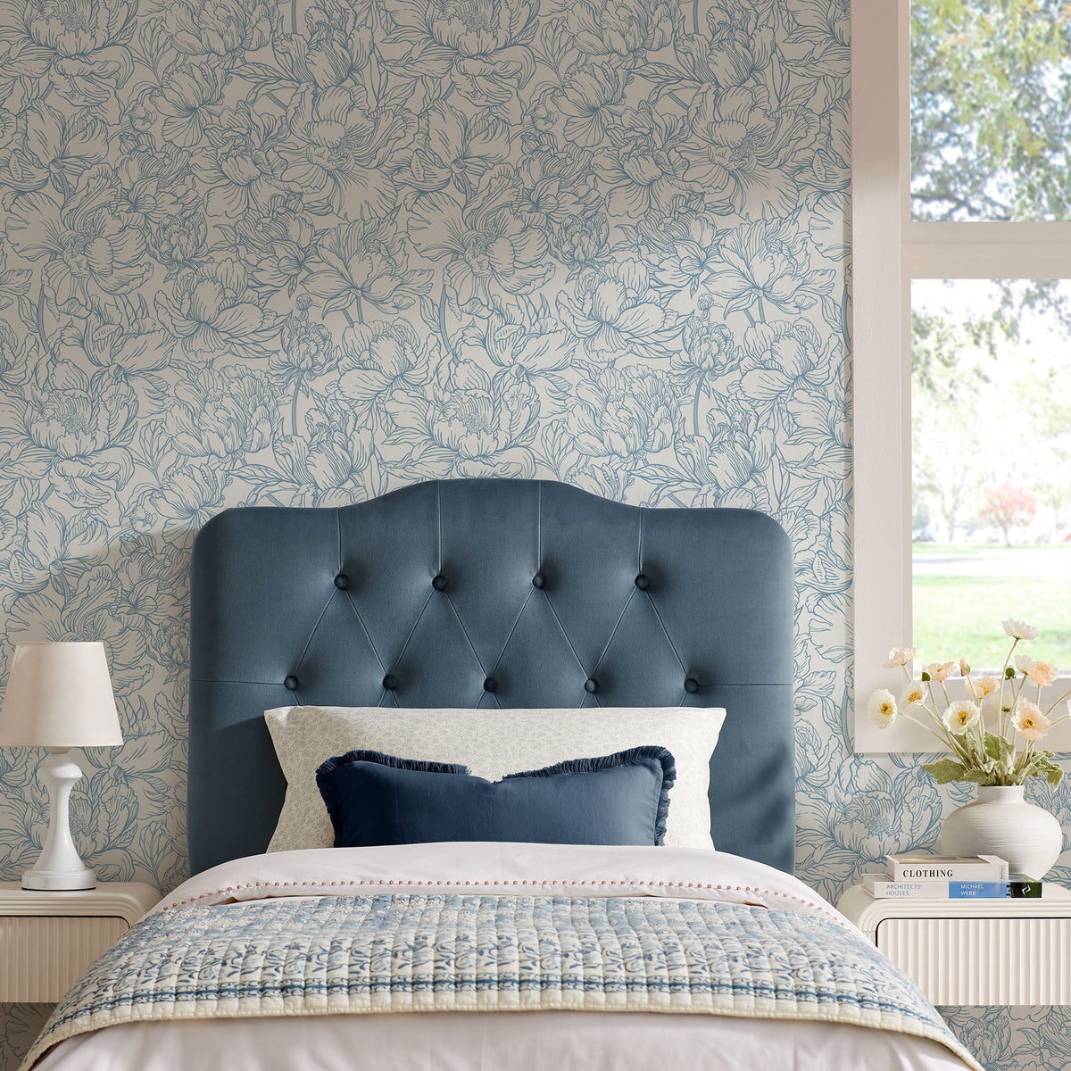Headboard: Annabel stain-resistant velvet headboard in deep blue with diamond tufting by Modway on Tampa Home & Garden Store