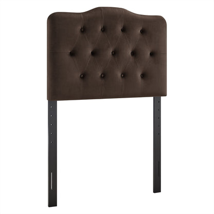 Annabel Stain-Resistant Velvet Headboard in dark brown with diamond tufting on metal frame on Tampa Home & Garden Store