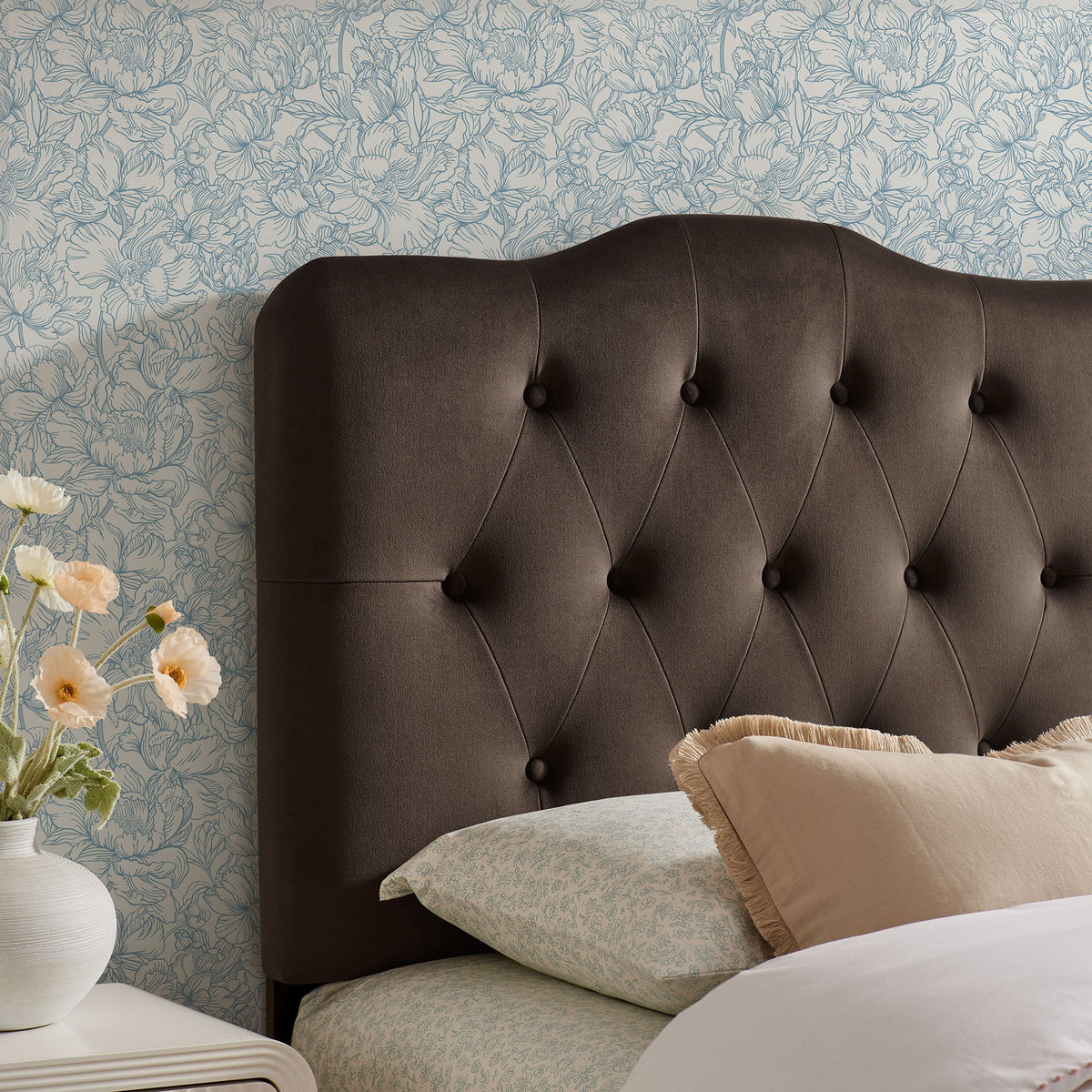Annabel performance velvet headboard, stain-resistant, dark brown tufted with buttons, by Modway on Tampa Home & Garden Store