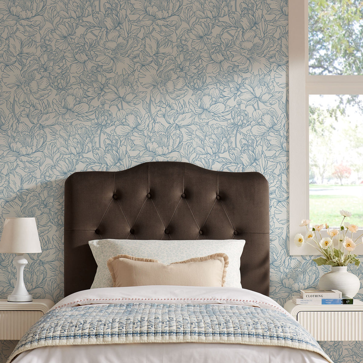 Annabel stain-resistant velvet headboard by Modway in dark brown against blue wallpaper on Tampa Home & Garden Store