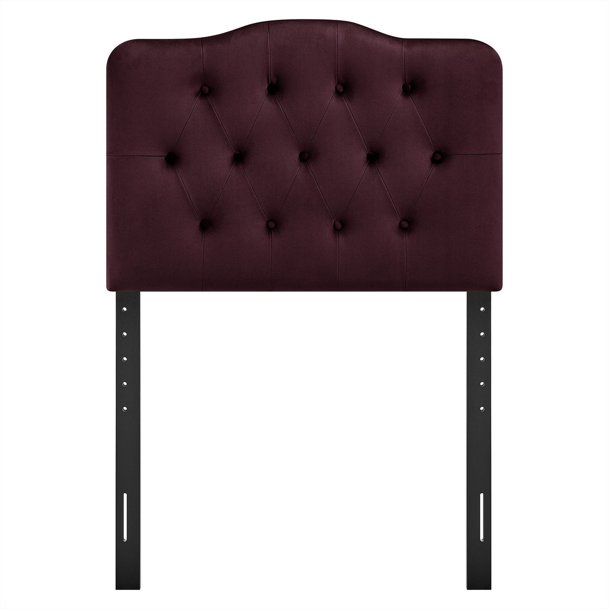 Annabel velvet headboard stain-resistant burgundy with diamond tufting and black metal legs on Tampa Home & Garden Store