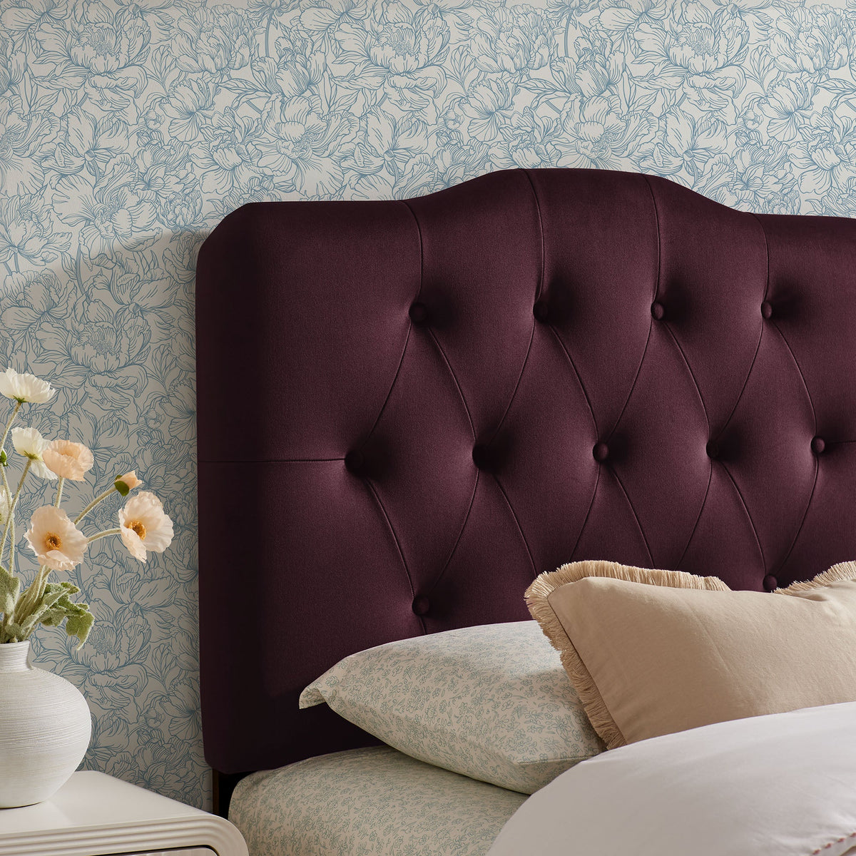 Annabel stain-resistant performance velvet headboard in deep burgundy with tufted buttons on Tampa Home & Garden Store