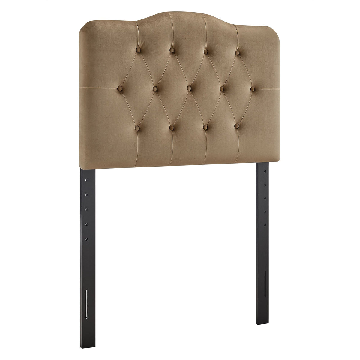 Annabel stain-resistant velvet headboard, tan with diamond tufting and black metal legs on Tampa Home & Garden Store