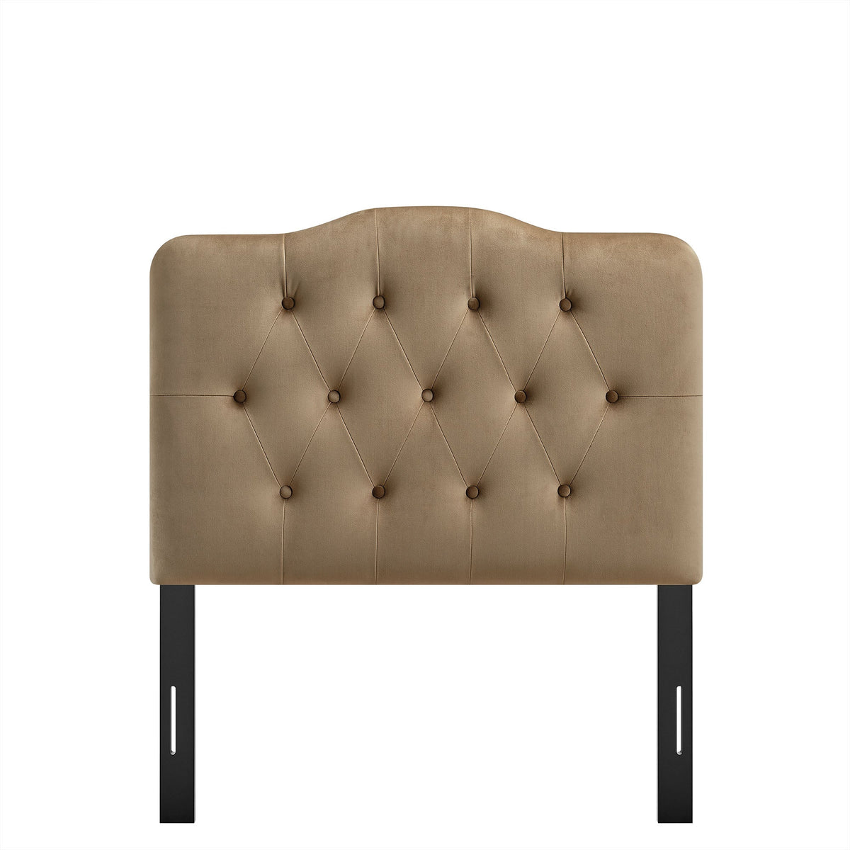 Annabel stain-resistant velvet headboard in tan with diamond tufting, curved top, metal legs on Tampa Home & Garden Store