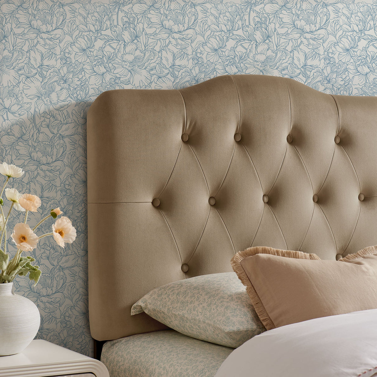 Annabel stain-resistant velvet headboard by Modway, tan with tufted diamond pattern on Tampa Home & Garden Store