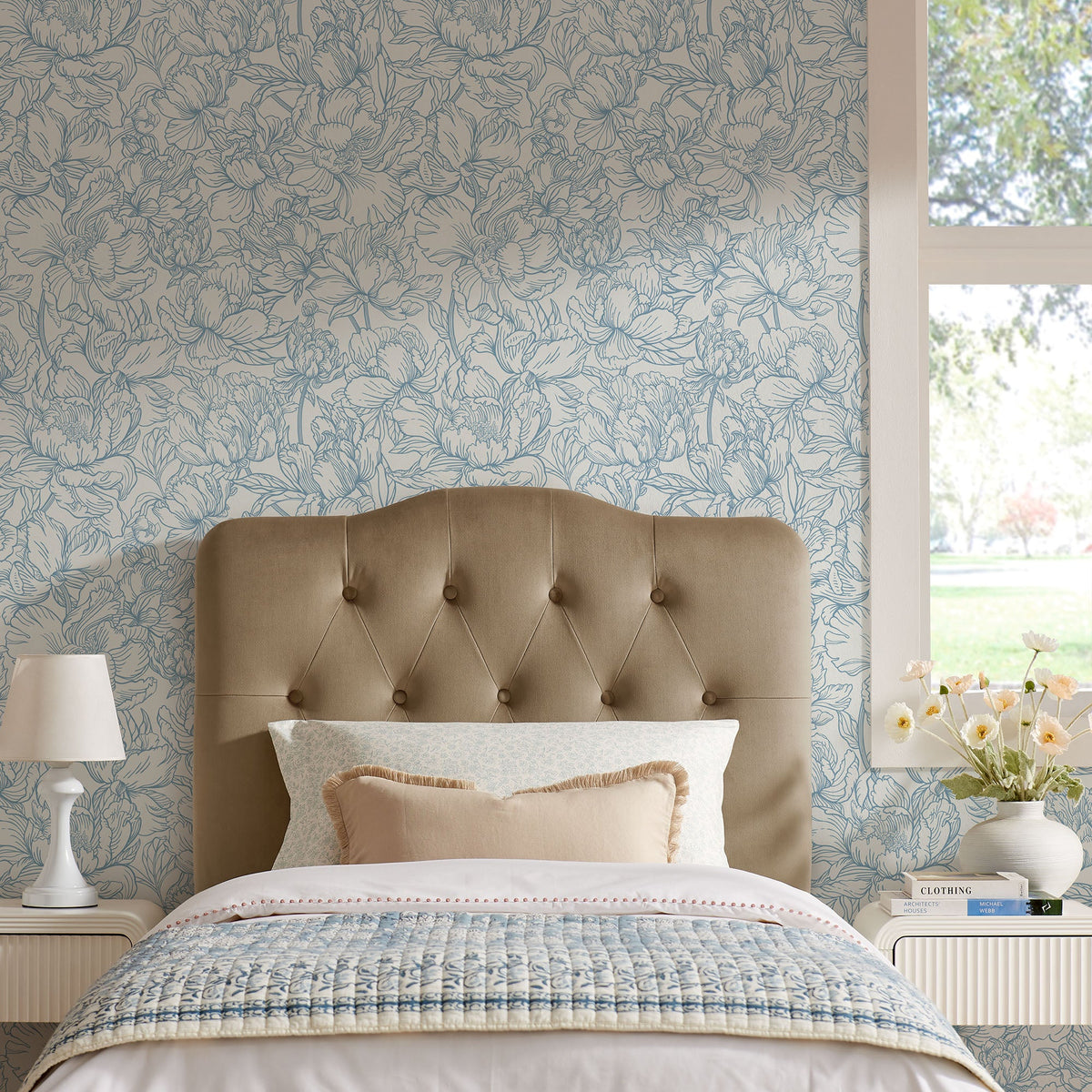 Annabel Stain-Resistant Velvet Headboard in tan, tufted, by HouseOfZazla on Tampa Home & Garden Store