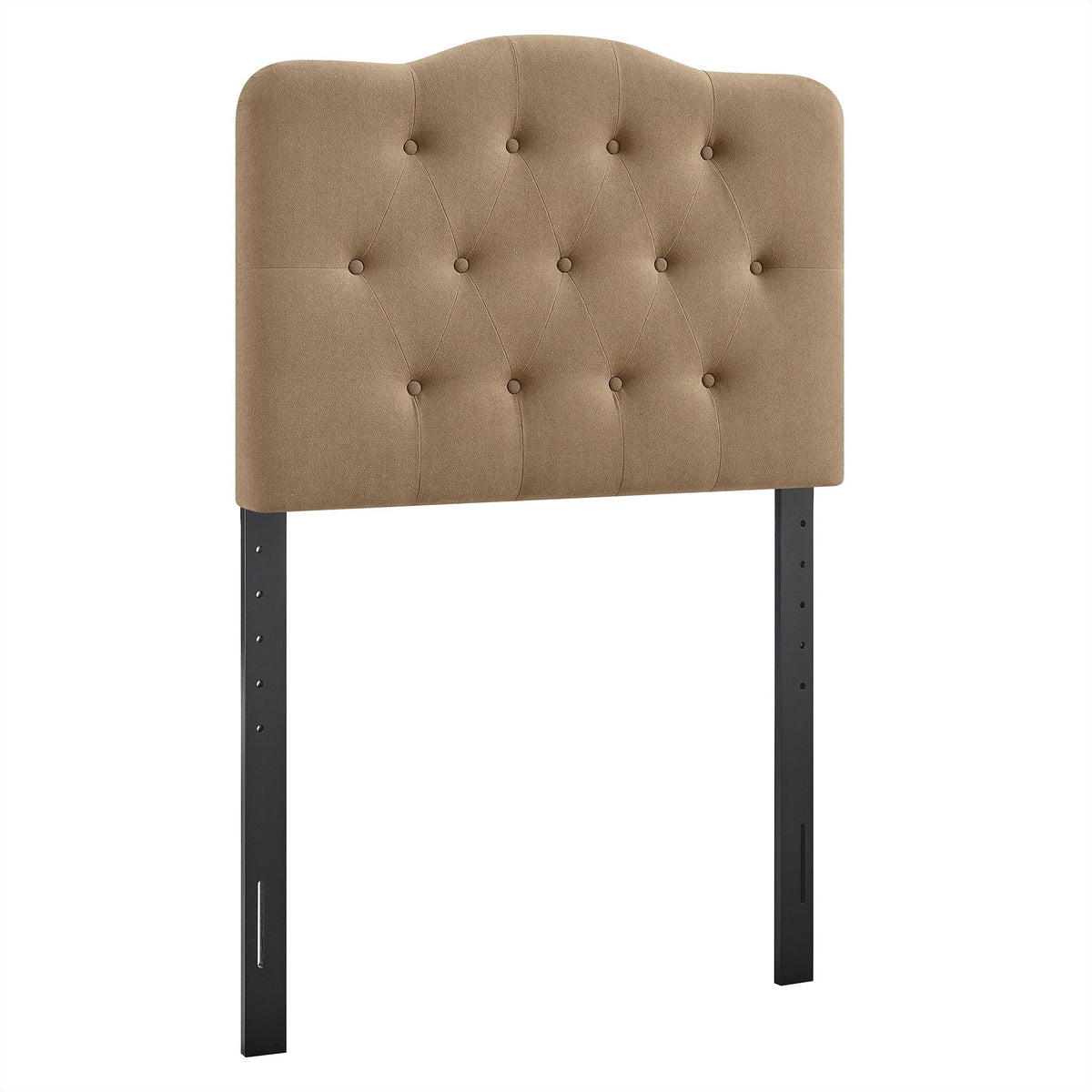 Annabel Premium Linen Blend Headboard in taupe with diamond tufting and black metal legs on Tampa Home & Garden Store