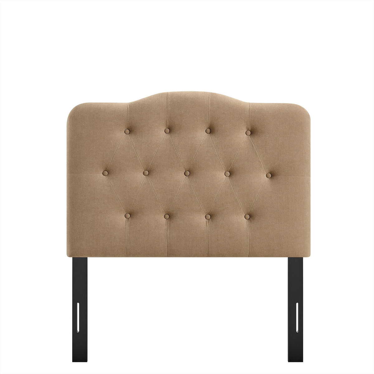 Annabel Premium Linen Blend Headboard in taupe with diamond tufting and black legs on Tampa Home & Garden Store