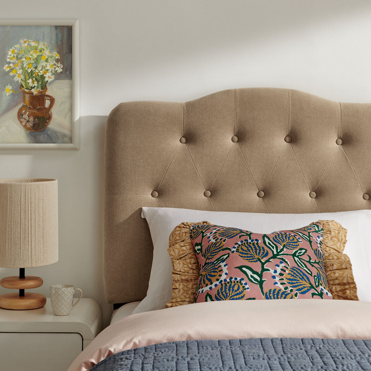 Annabel Premium Linen Blend Headboard by Modway in beige tufted fabric with visible buttons on Tampa Home & Garden Store