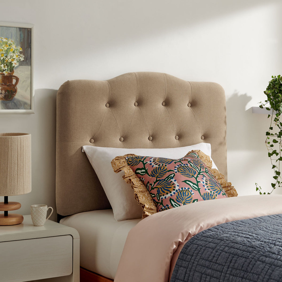 Annabel premium linen blend headboard by Modway, beige tufted fabric with curved silhouette on Tampa Home & Garden Store