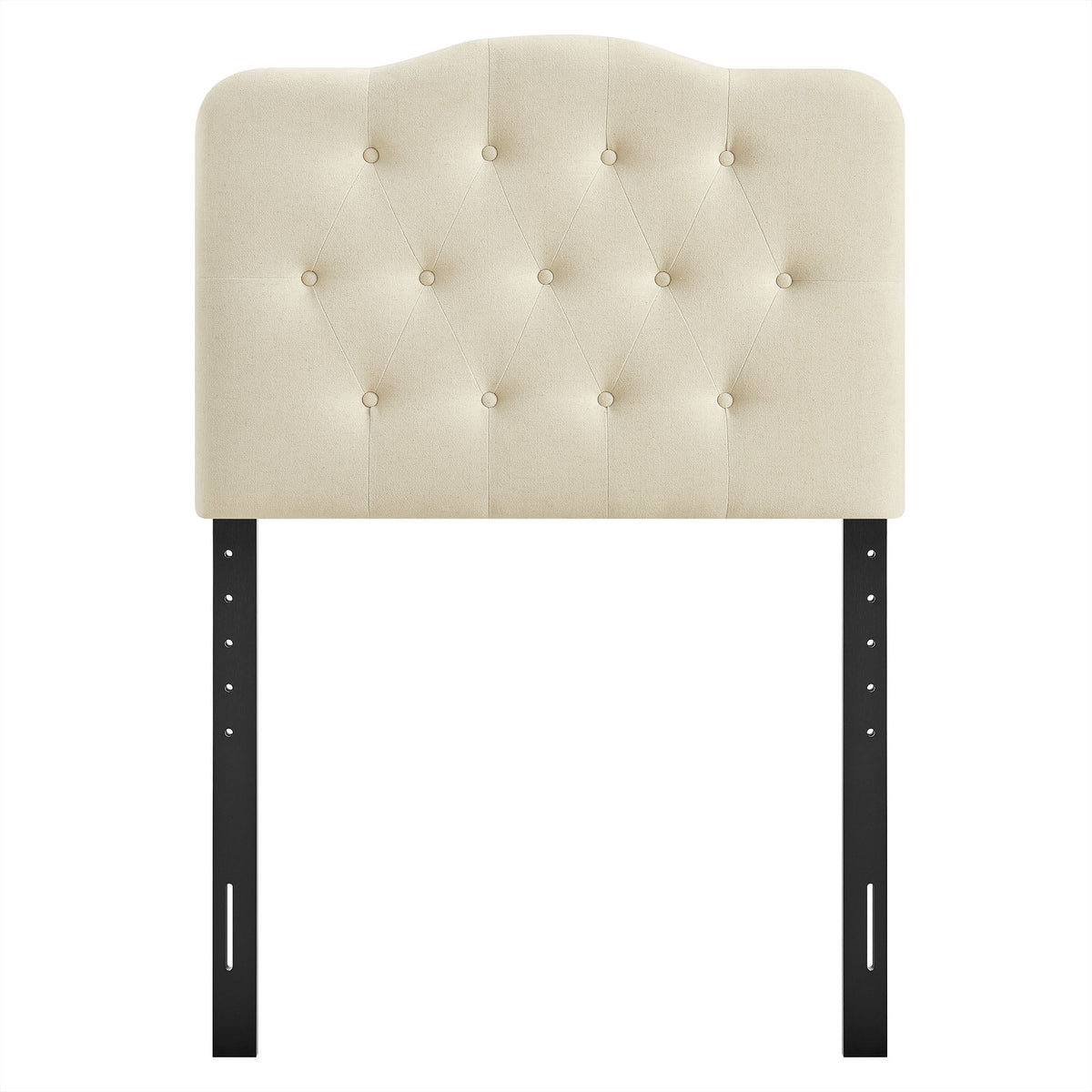 Annabel Premium Linen Blend Headboard cream tufted with diamond pattern on black metal legs on Tampa Home & Garden Store