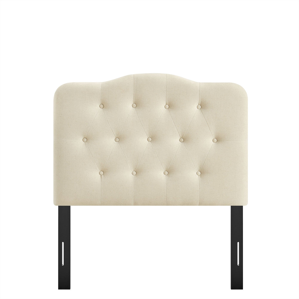 Annabel premium linen blend headboard beige upholstered with diamond tufting black metal legs on Tampa Home & Garden Store