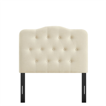 Annabel premium linen blend headboard beige upholstered with diamond tufting black metal legs on Tampa Home & Garden Store