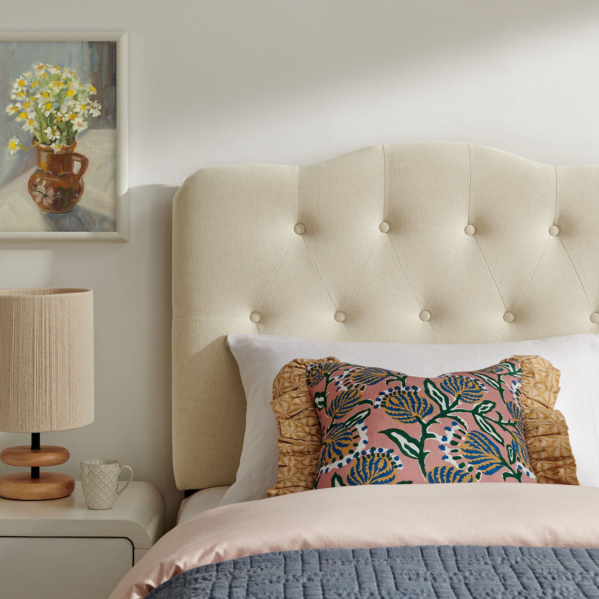 Annabel premium linen blend headboard beige tufted upholstered by Modway in a calm bedroom on Tampa Home & Garden Store