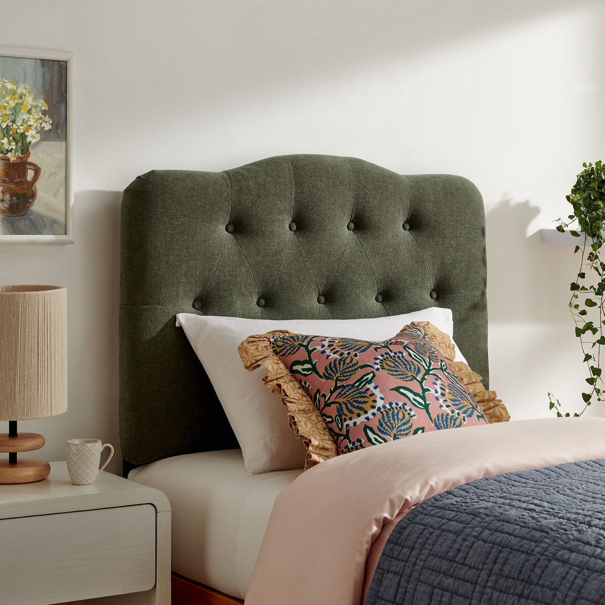 Annabel premium linen blend headboard in olive green, tufted with vertical channels on Tampa Home & Garden Store