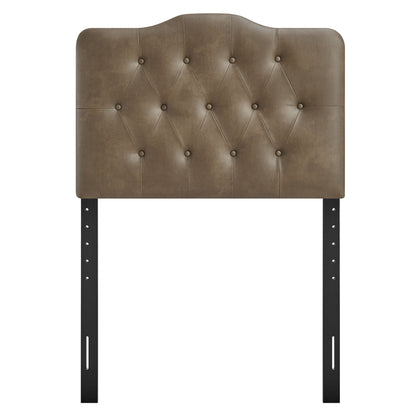 Annabel Faux Leather Headboard brown with diamond tufting and metal legs on Tampa Home & Garden Store