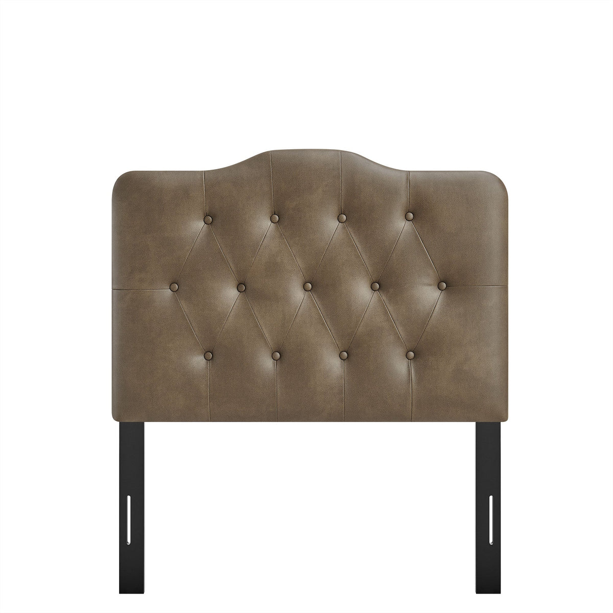 Annabel faux leather headboard brown tufted with diamond stitching and black legs on Tampa Home & Garden Store