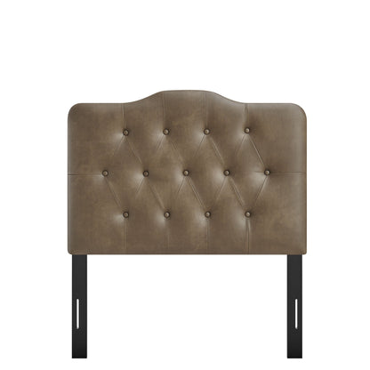Annabel faux leather headboard brown tufted with diamond stitching and black legs on Tampa Home & Garden Store