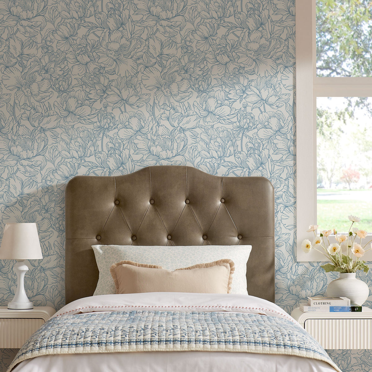 Annabel faux leather headboard by Modway, brown tufted headboard, bedroom focal piece on Tampa Home & Garden Store
