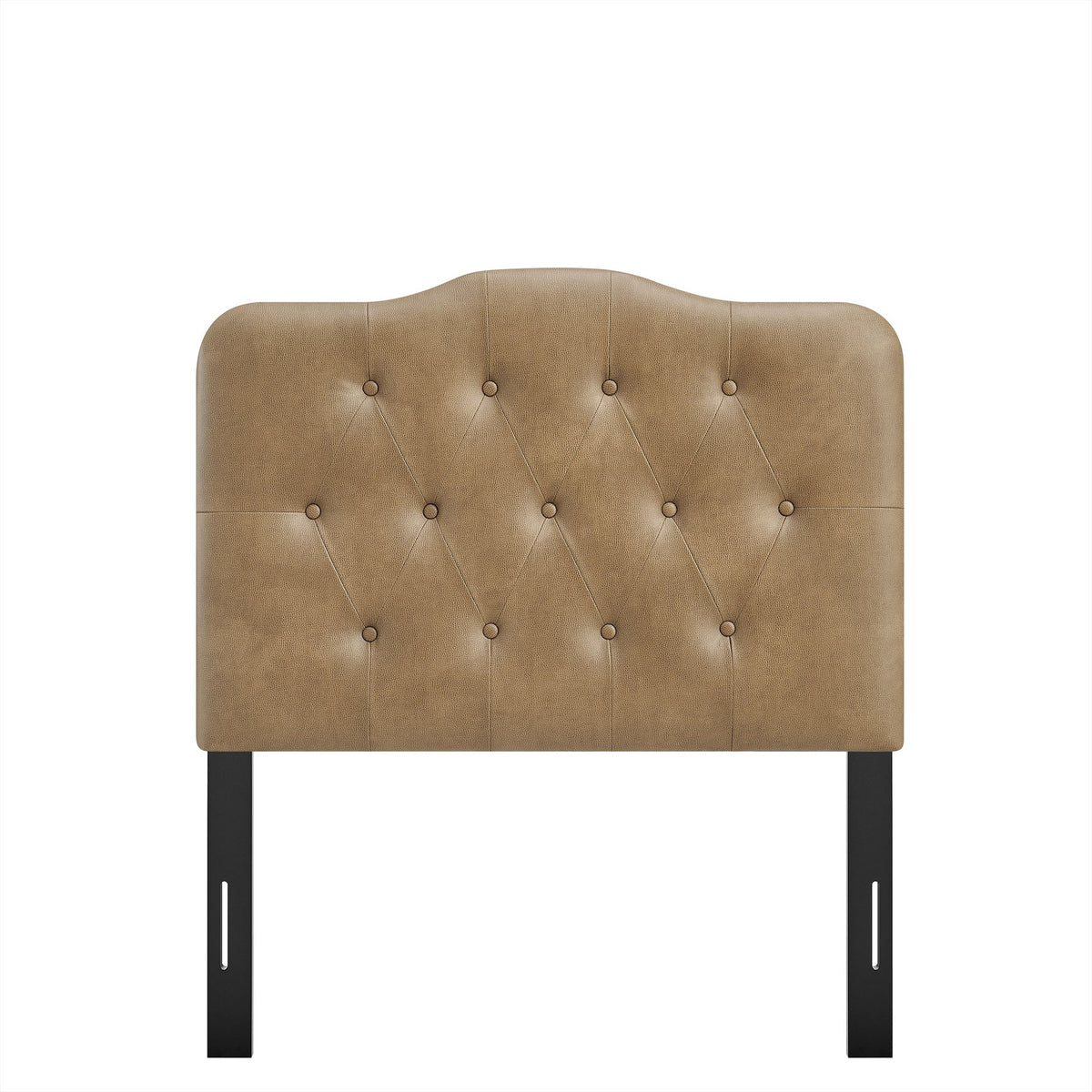 Annabel faux leather headboard tan tufted upholstery with curved top and metal legs on Tampa Home & Garden Store