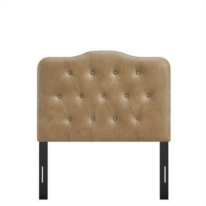 Annabel faux leather headboard tan tufted upholstery with curved top and metal legs on Tampa Home & Garden Store