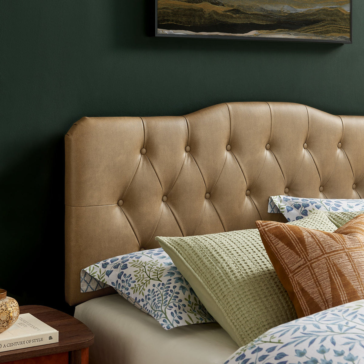Annabel vegan leather headboard by Modway beige tufted with diamond stitching on green wall on Tampa Home & Garden Store