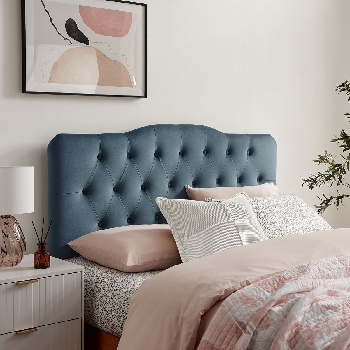 Annabel stain-resistant velvet headboard in blue, tufted with buttons, modern bedroom accent on Tampa Home & Garden Store