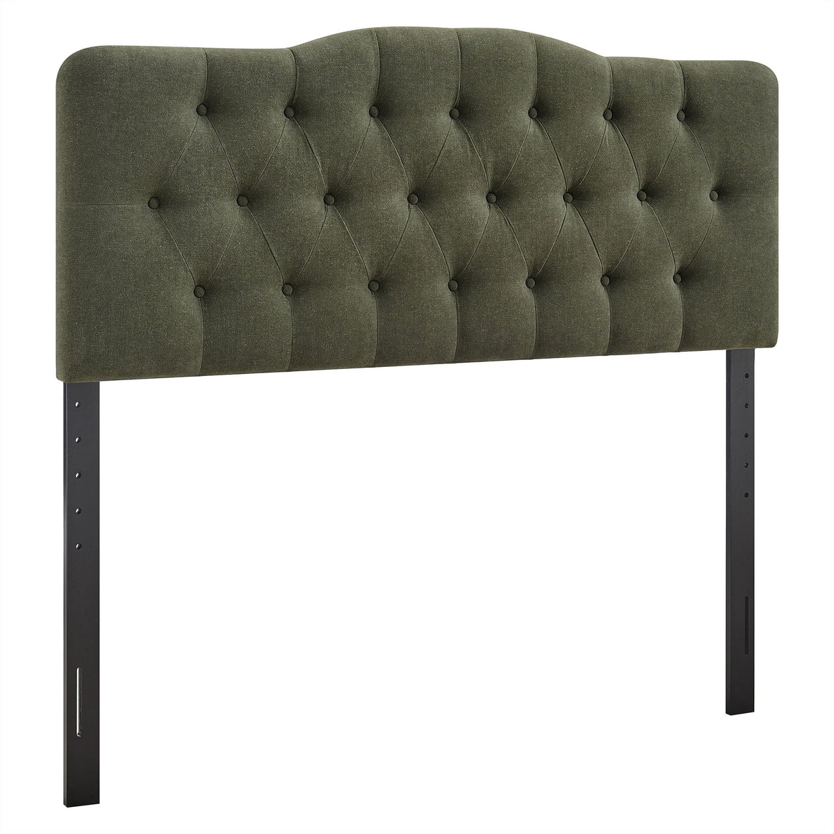 Annabel Premium Linen Blend Headboard olive green tufted with diamond buttons and black legs on Tampa Home & Garden Store