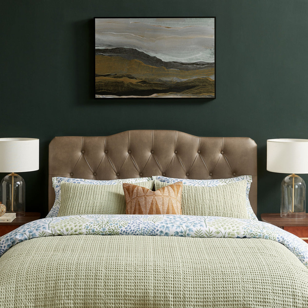 Annabel Faux Leather Headboard by Modway in tan faux leather with button tufting against a dark green wall on Tampa Home & Garden Store