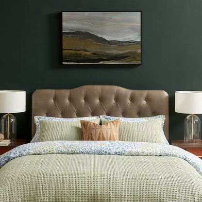 Annabel Faux Leather Headboard by Modway in tan faux leather with button tufting against a dark green wall on Tampa Home & Garden Store