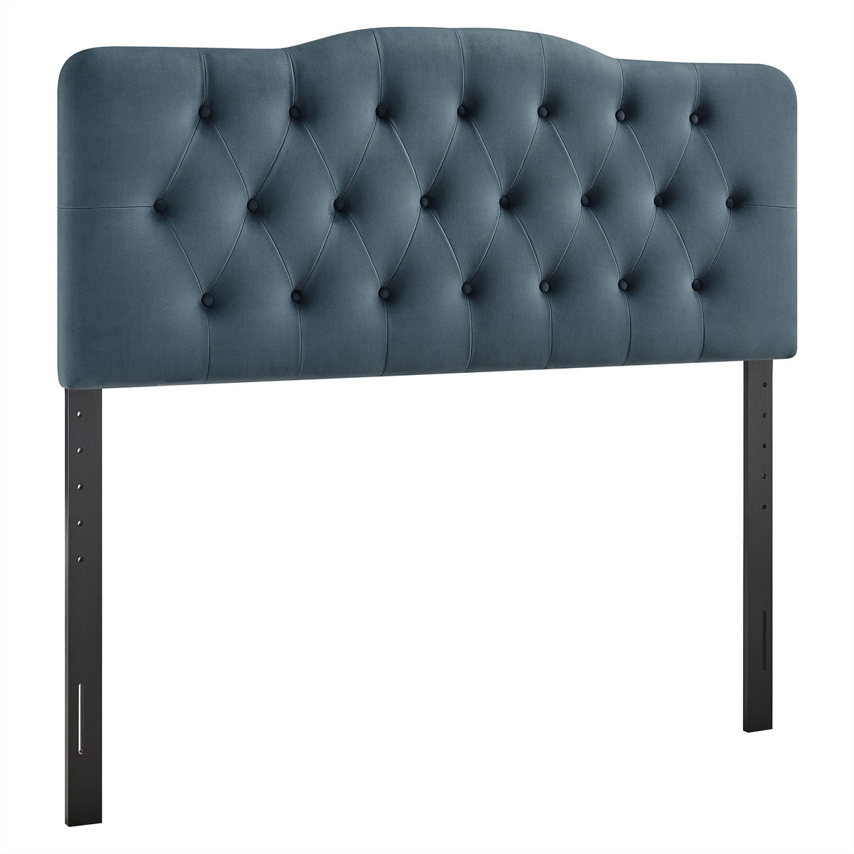 Annabel stain-resistant velvet headboard in blue with tufted diamonds and dark legs on Tampa Home & Garden Store