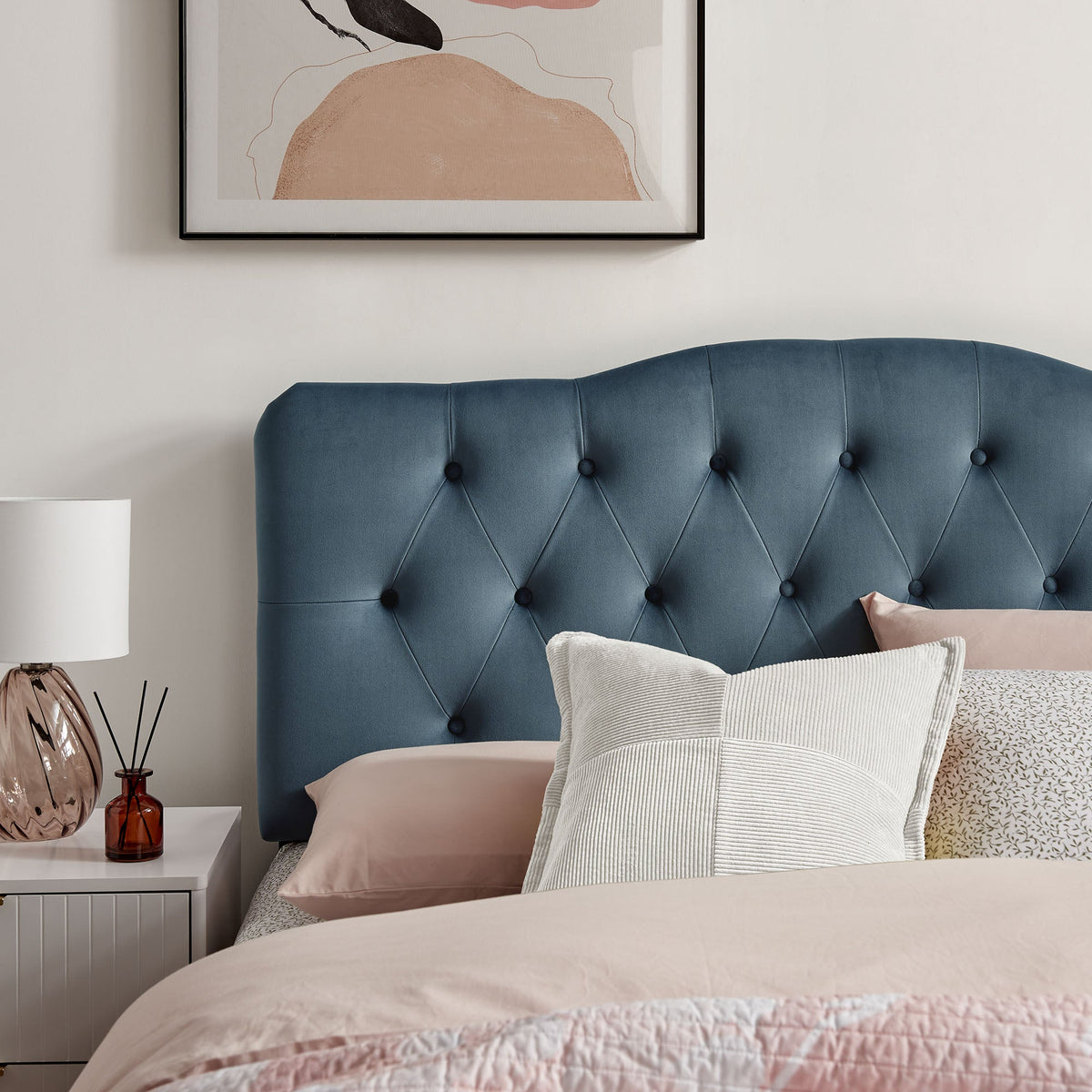 Annabel stain-resistant velvet headboard in teal blue with diamond tufting on Tampa Home & Garden Store