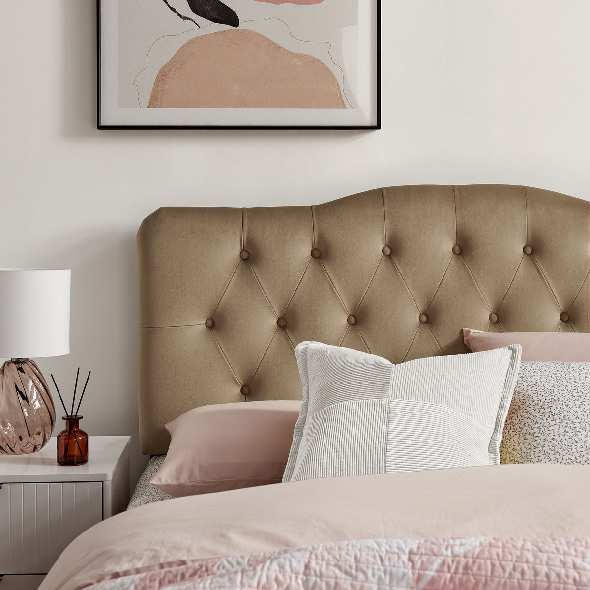 Annabel Stain-Resistant Performance Velvet Headboard by Modway in beige-tan with diamond tufting on Tampa Home & Garden Store