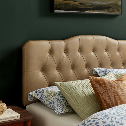 Annabel vegan leather headboard by Modway, tan tufted headboard on green wall on Tampa Home & Garden Store